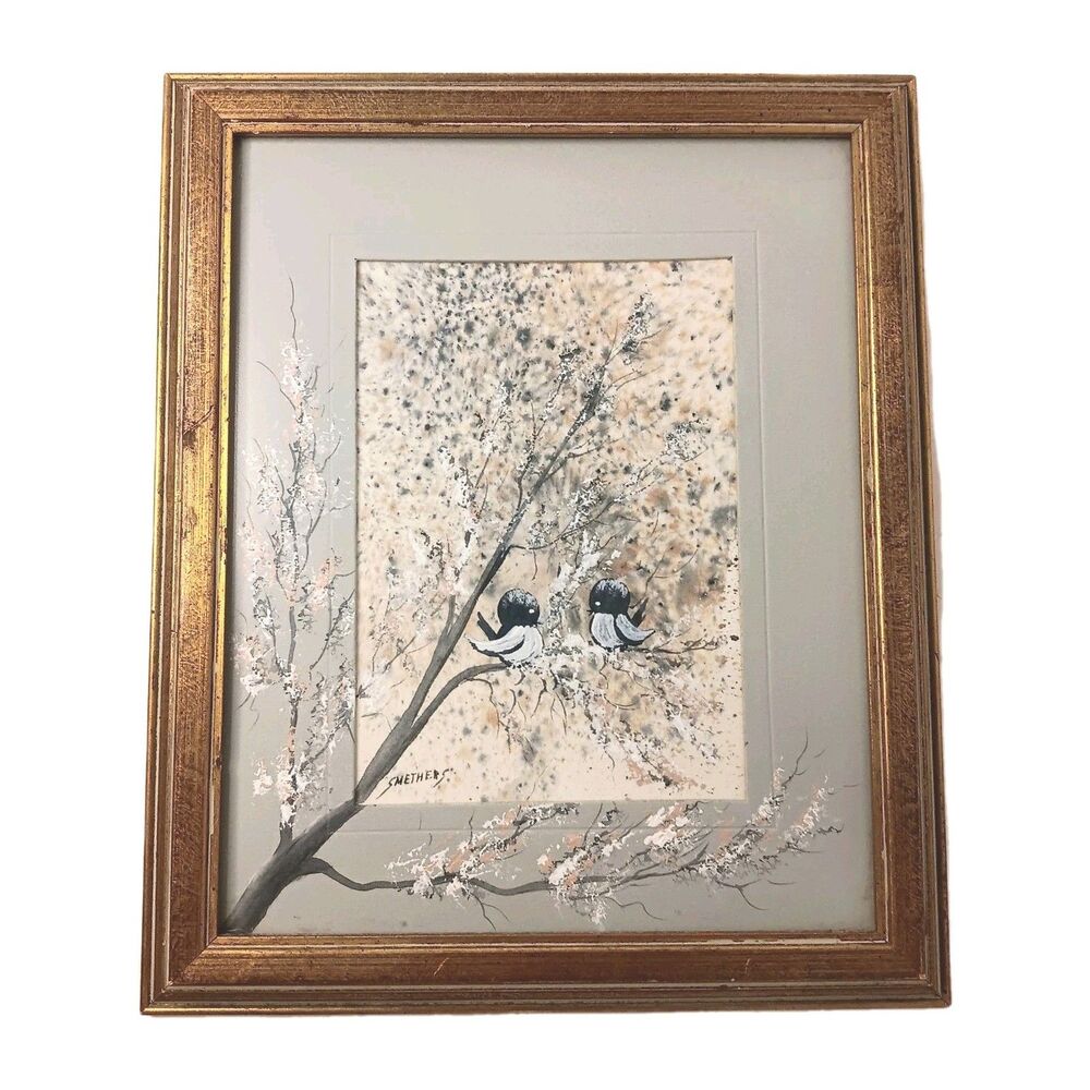 Painting Black & White Birds On Tree Branch Extending To Matt Signed Smethers